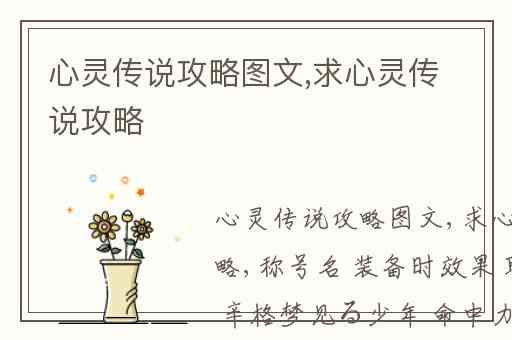 心灵传说攻略图文,求心灵传说攻略