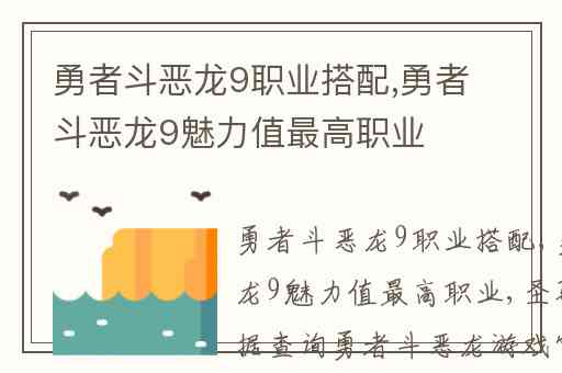 勇者斗恶龙9职业搭配,勇者斗恶龙9魅力值最高职业