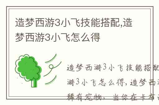 造梦西游3小飞技能搭配,造梦西游3小飞怎么得