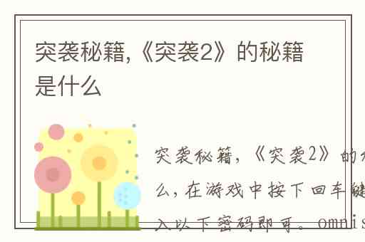 突袭秘籍,《突袭2》的秘籍是什么