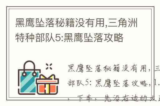 黑鹰坠落秘籍没有用,三角洲特种部队5:黑鹰坠落攻略